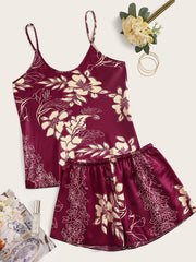 Floral Satin Pajama Set Retro Style Cami Top & Shorts