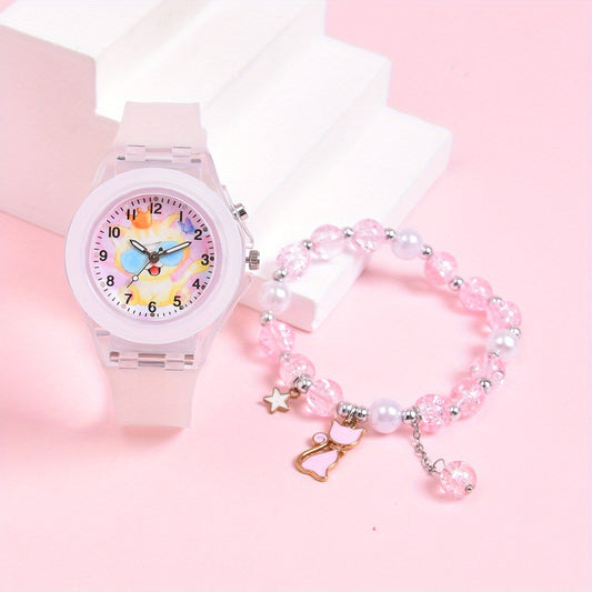 Girls' Cartoon Cat Glow in Dark Watch Set with Glasses Strap Bracelet