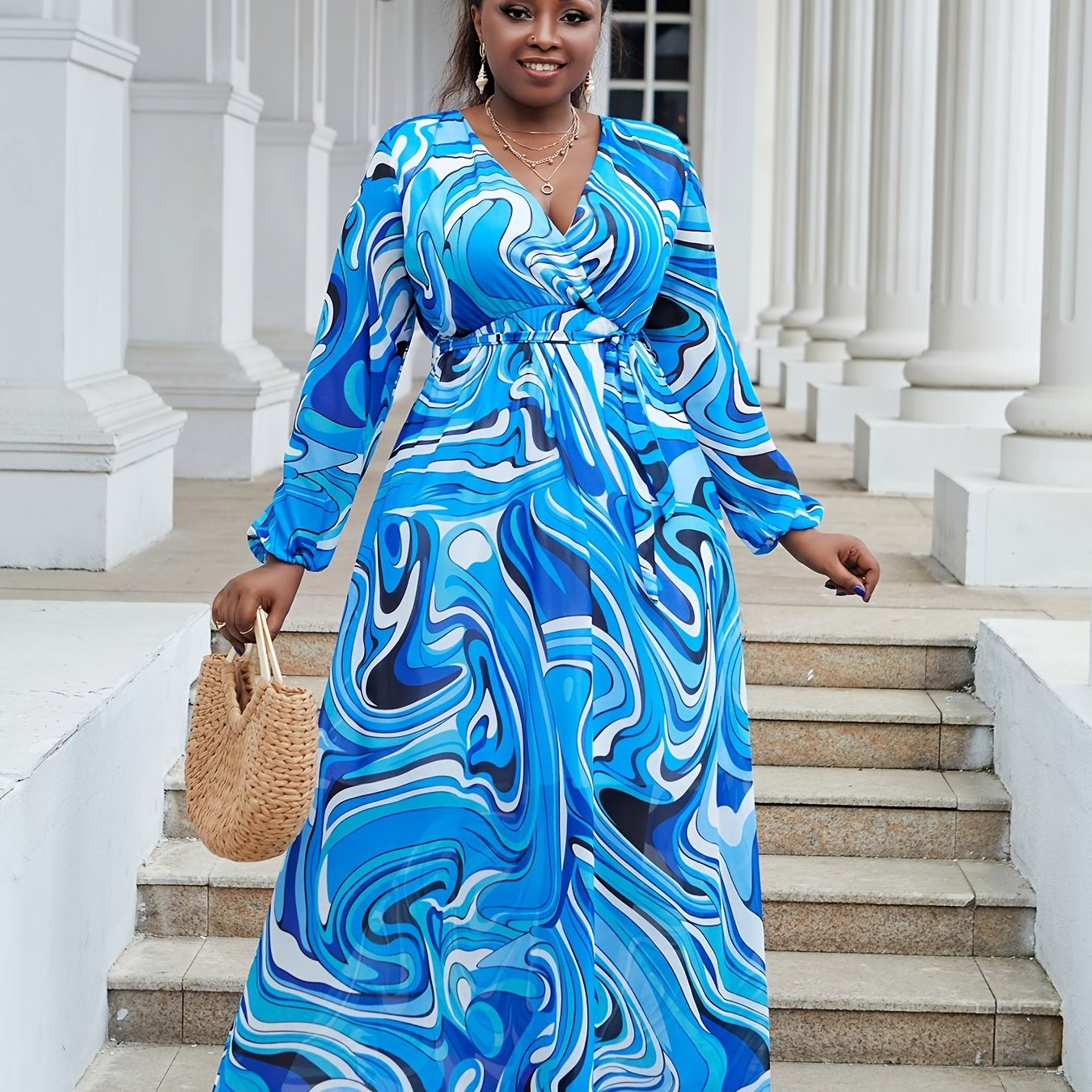 Women's Plus Fluid Print Long Sleeve Maxi Dress