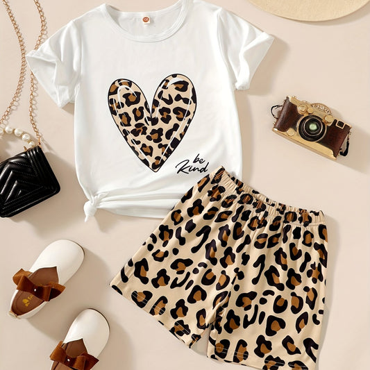 Girls Leopard Heart Graphic Tee & Shorts Loungewear Set
