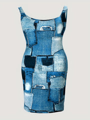  Denim Print Square Neck Tank Dress
