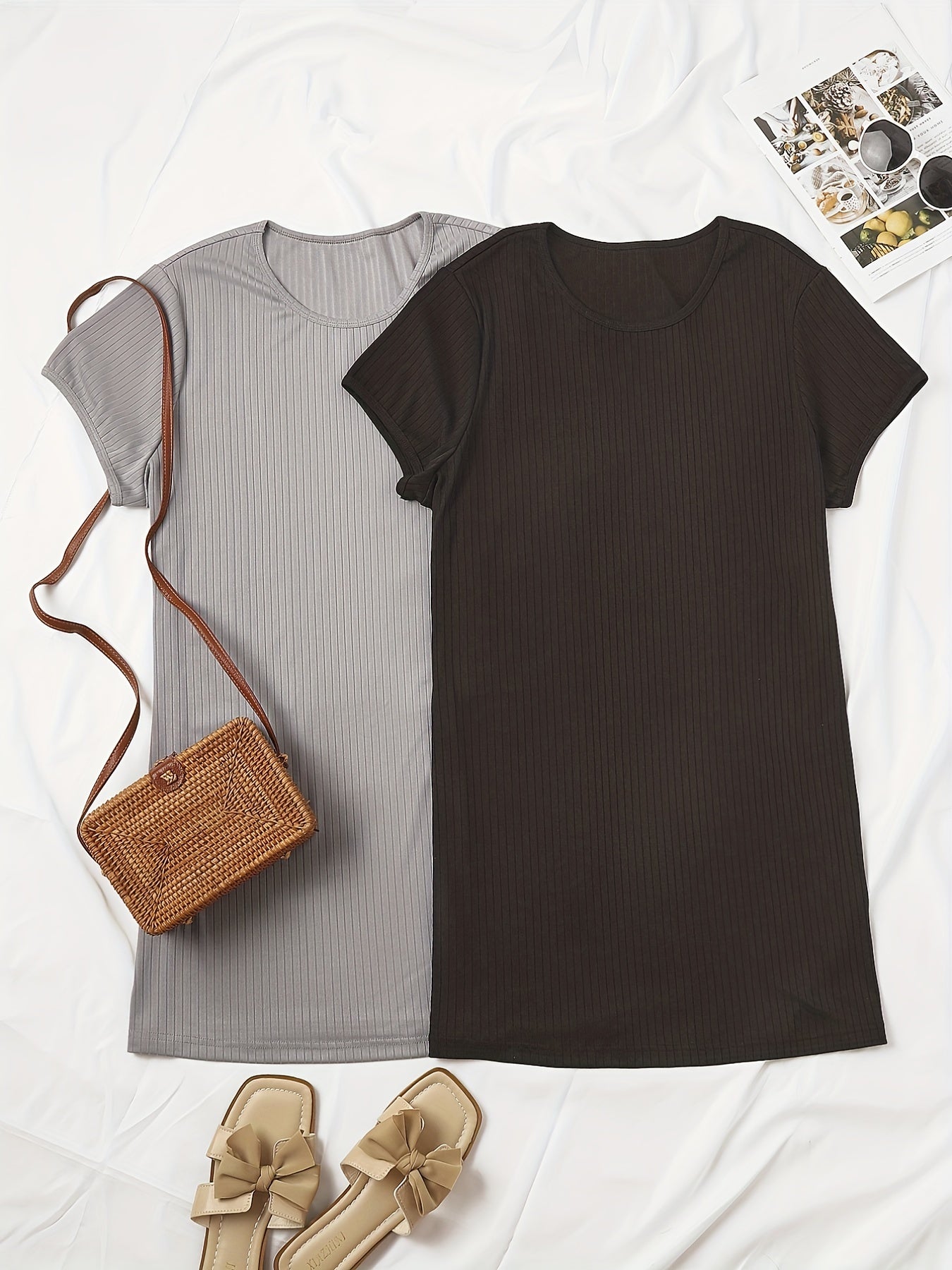2 Pack Women's Plus Casual Tee Dress Set Solid Crew Neck Short Sleeve Tee Dress