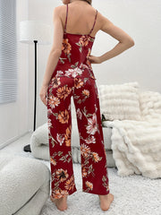Floral Print Pajama Set Deep V Cami Top & Elastic Waistband Pants