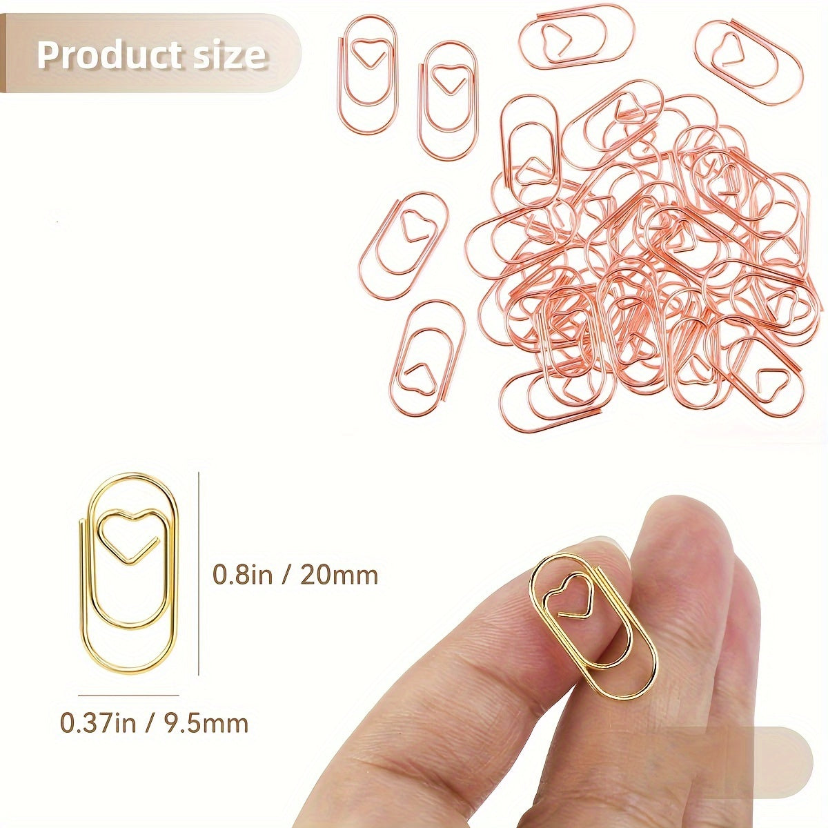 40pcs Rose Golden Heart Shaped Paper Clips - Small Mini Smooth Micro Clips