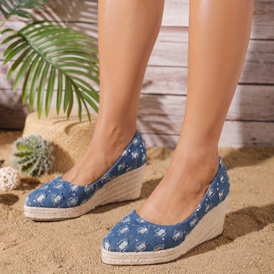 Women's Denim Wedge Heels Pointed Toe Espadrille Shoes