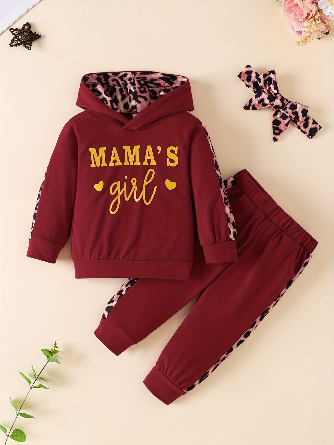 3pcs Baby Girls Hoodie Set Leopard Print Sweatshirt Pants Headband