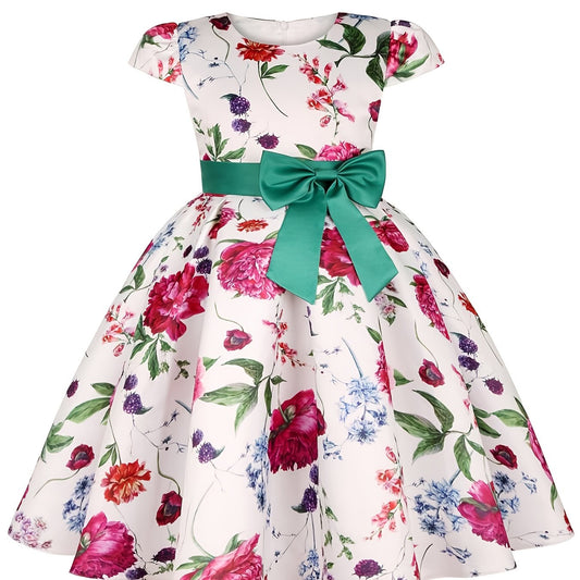 Girls Princess Dress Short Sleeve Bow Flowers Print Dress