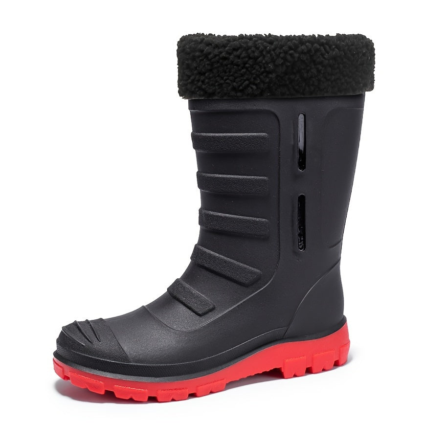 Women's Plush Mid Calf Rain Boots Waterproof Round Toe Shoes