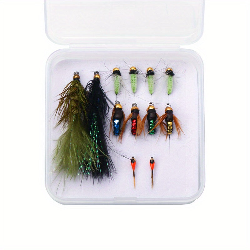 12pcs Hand Tied Fly Fishing Flies Assortment with Fly Box Dry Wet Scud Nymph