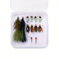 12pcs Hand Tied Fly Fishing Flies Assortment with Fly Box Dry Wet Scud Nymph
