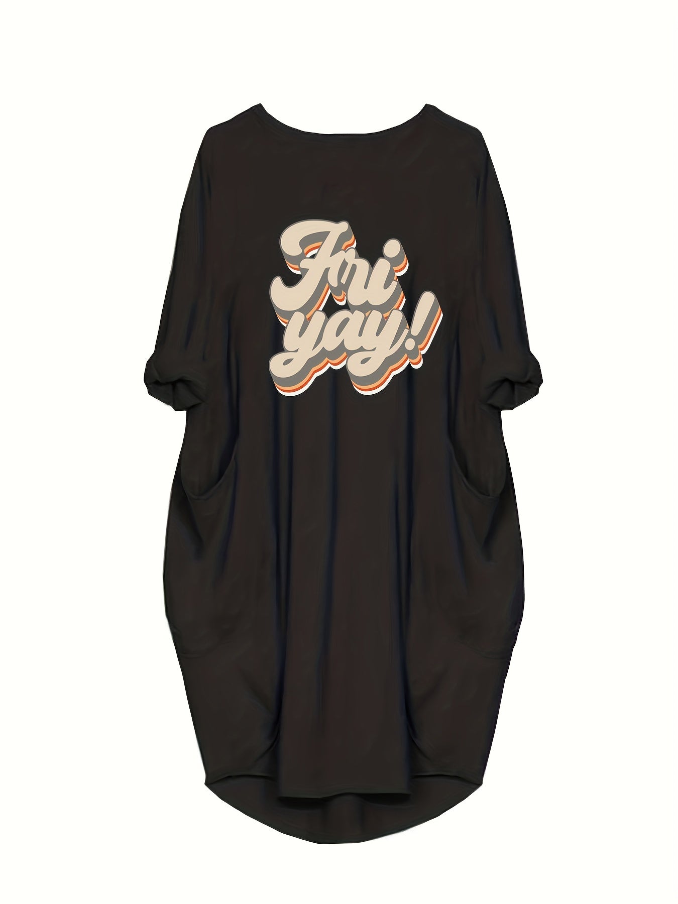  Slogan Print Long Sleeve Round Neck Baggy Dress