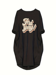  Slogan Print Long Sleeve Round Neck Baggy Dress