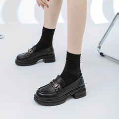 Women's Chunky Heel Loafers Slip On Faux Leather Shoes