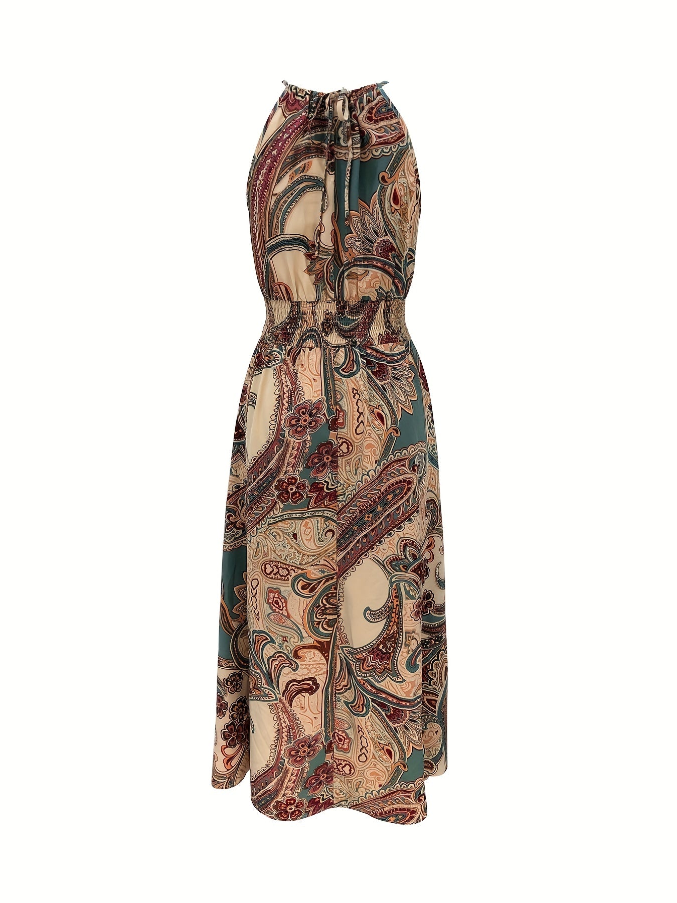 Paisley Print Sleeveless Shirred Dress Boho Resort Wear Drawstring Dress