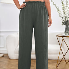  Solid Paperbag High Waist Wide Leg Loose Trousers