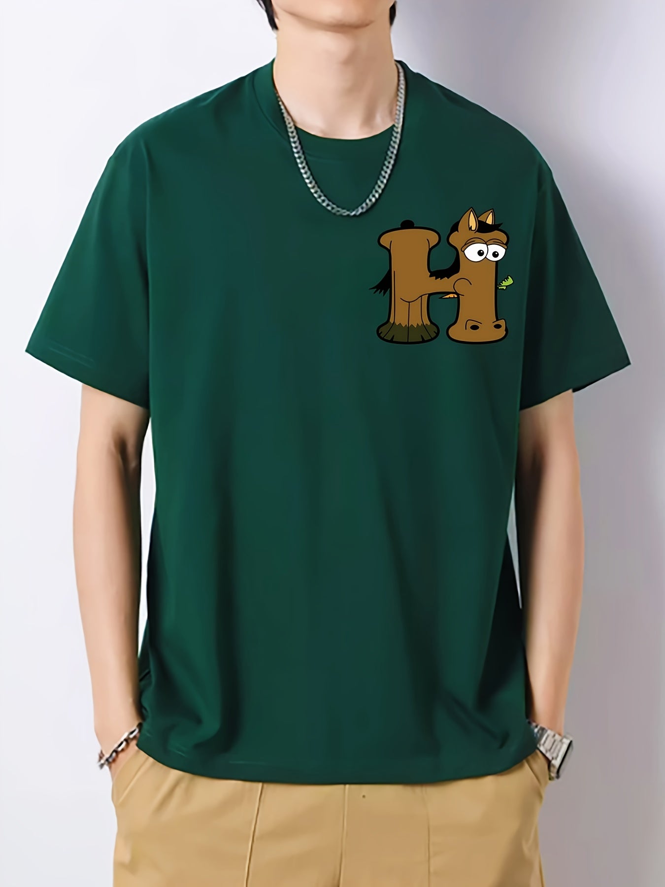 Horse & Tree Pattern Print Men's Cotton Crew Neck T shirt