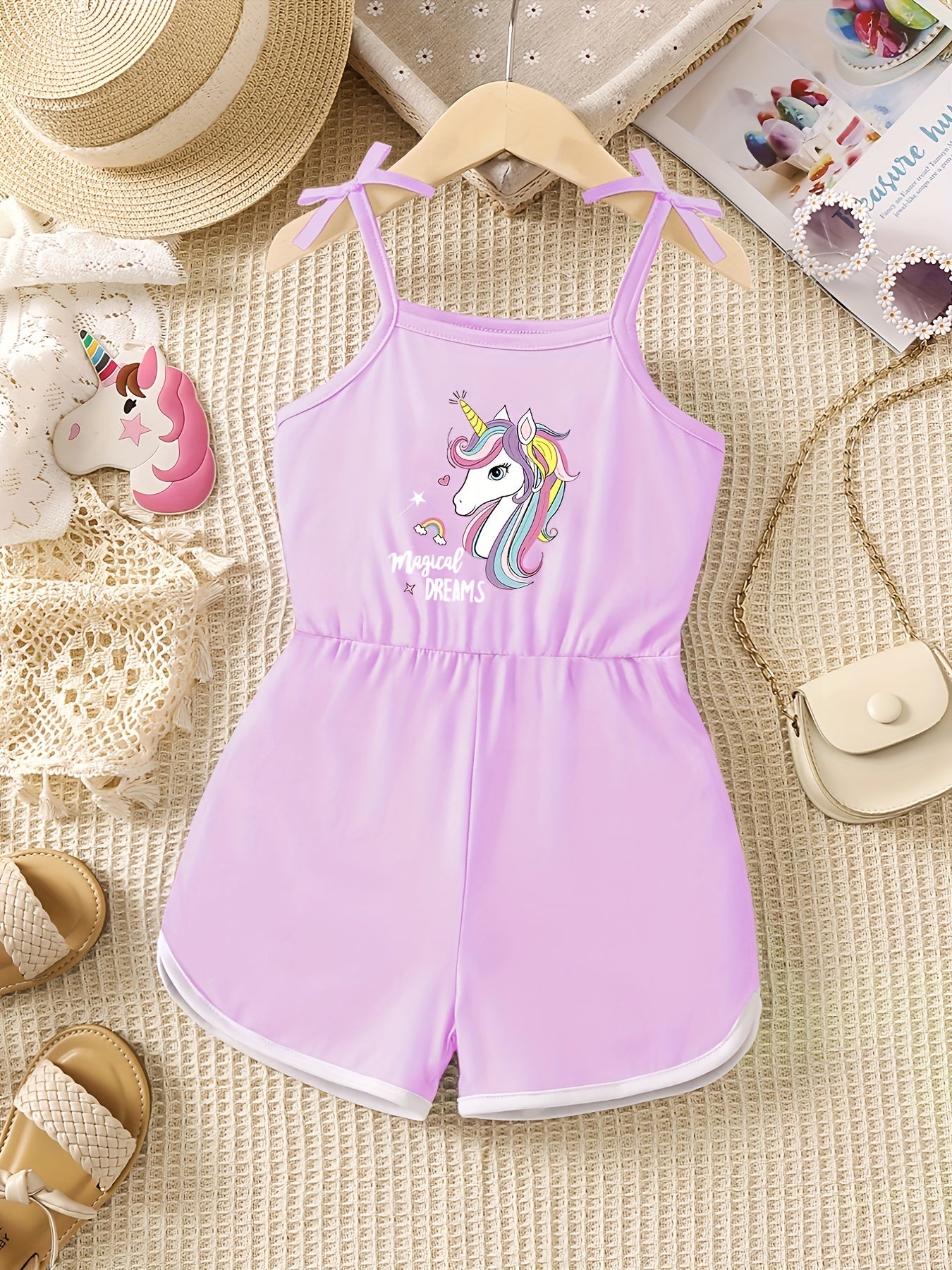 Girls Unicorn Print Bow Straps Cami Jumpsuit Kids Summer Clothes