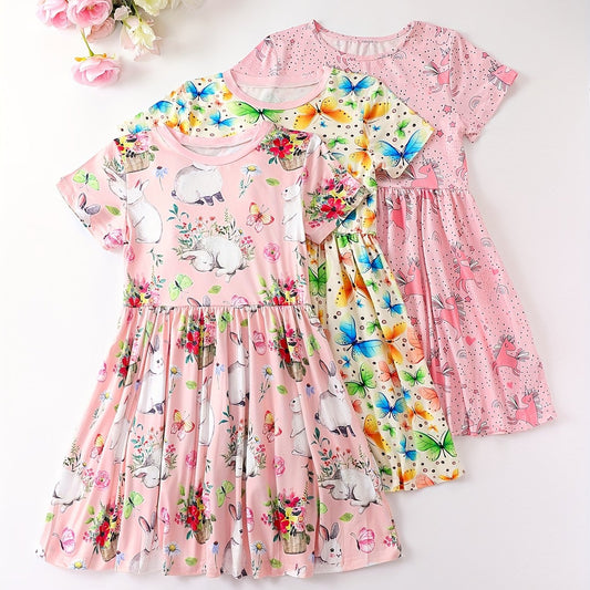 Girls' Dress With Cartoon Butterfly Rabbit Pony Print