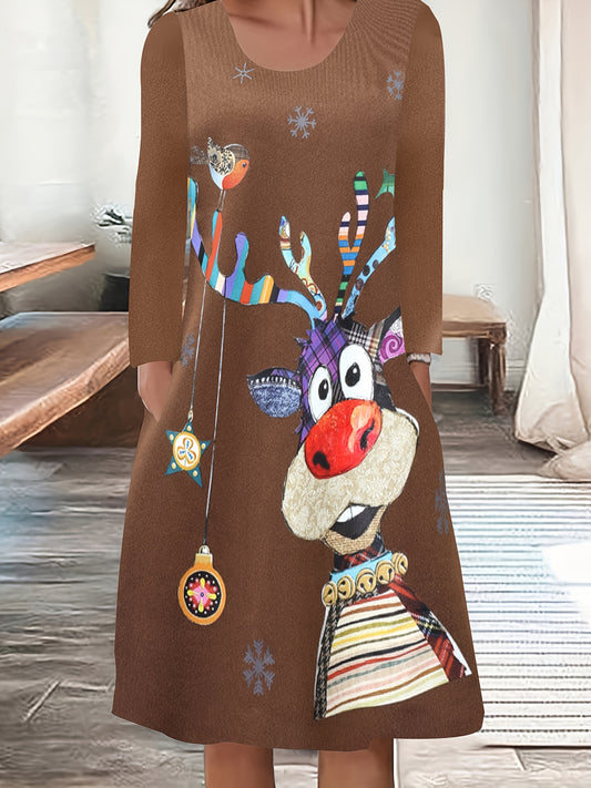  Reindeer Print Long Sleeve Round Neck Knee Length Dress