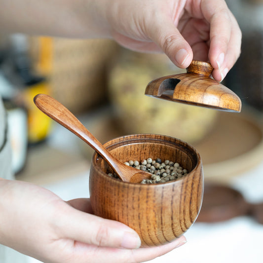 Shatterproof Wooden Seasoning Jar with Spoon for Kitchen and Travel