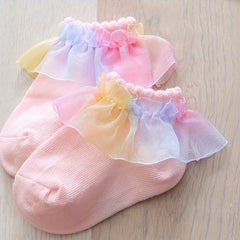 3pcs Colorful Lace Edge Baby Girl Socks, Comfy Princess Socks