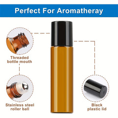10pcs 10ml Amber Glass Roller Bottles With Stainless Steel Roller Balls And Caps