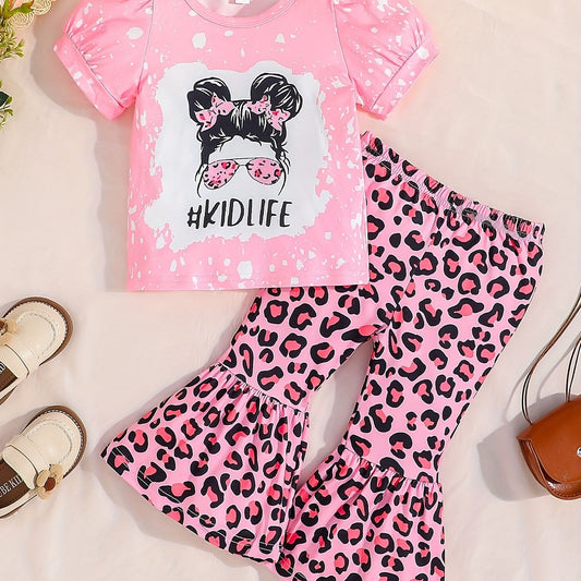 2pcs Baby Girls Puff Sleeve T-shirt & Leopard Pants Set