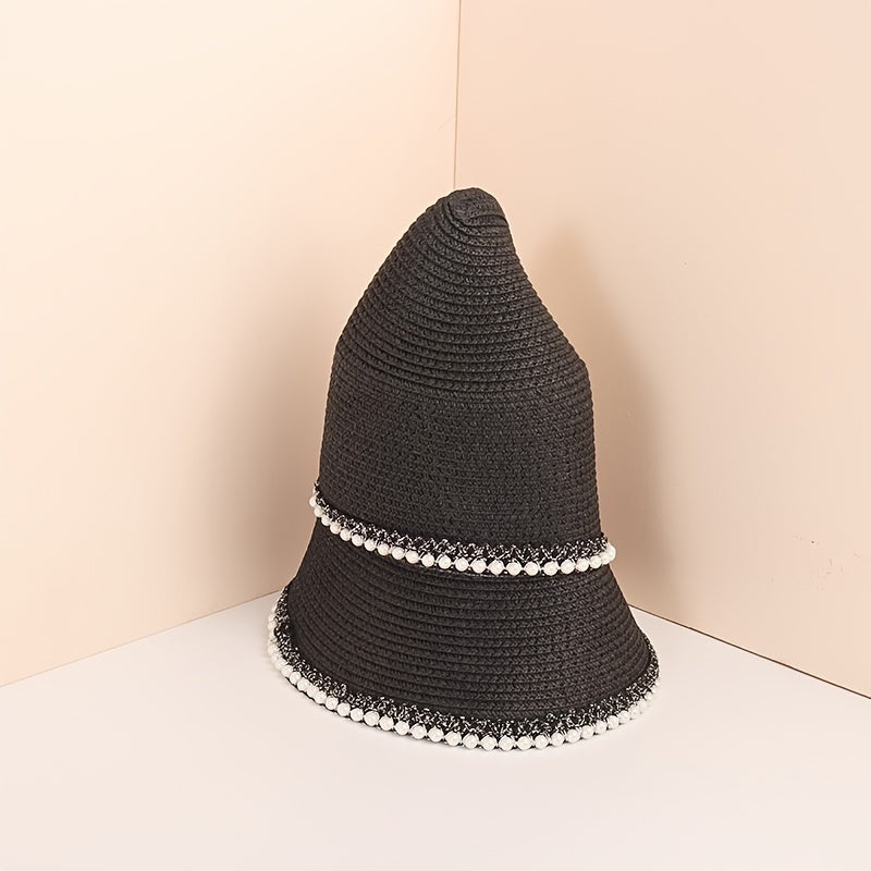 Faux Pearl Decor Sun Hat Flat Top Jazz Fedora Cap Women