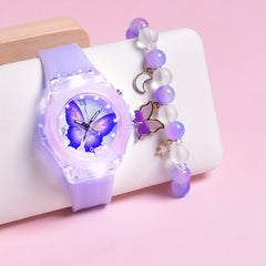 Girls' Butterfly LED Light Watch with Beaded Bracelet Set