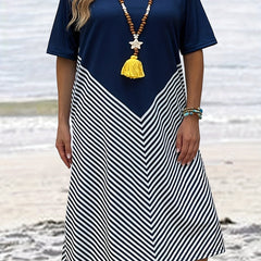  Colorblock Strip Short Sleeve Dress With Pockets