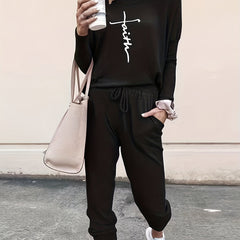  Women's Letter Print Tee & Tapered Leg Pant Two Piece Set