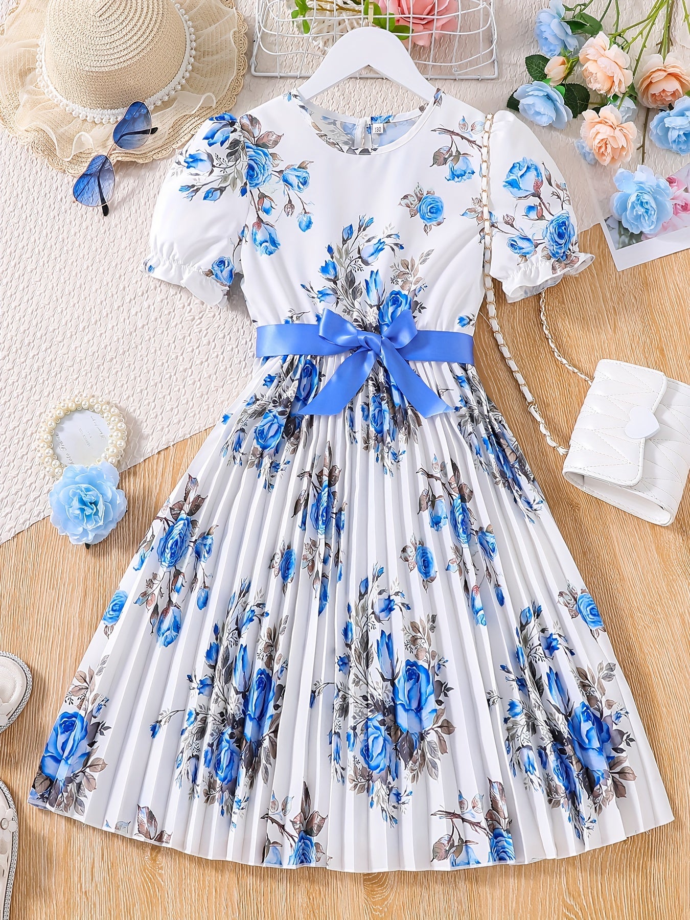 Girls Puff Sleeve Flowers Graphic Belted Dress