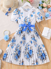 Girls Puff Sleeve Flowers Graphic Belted Dress