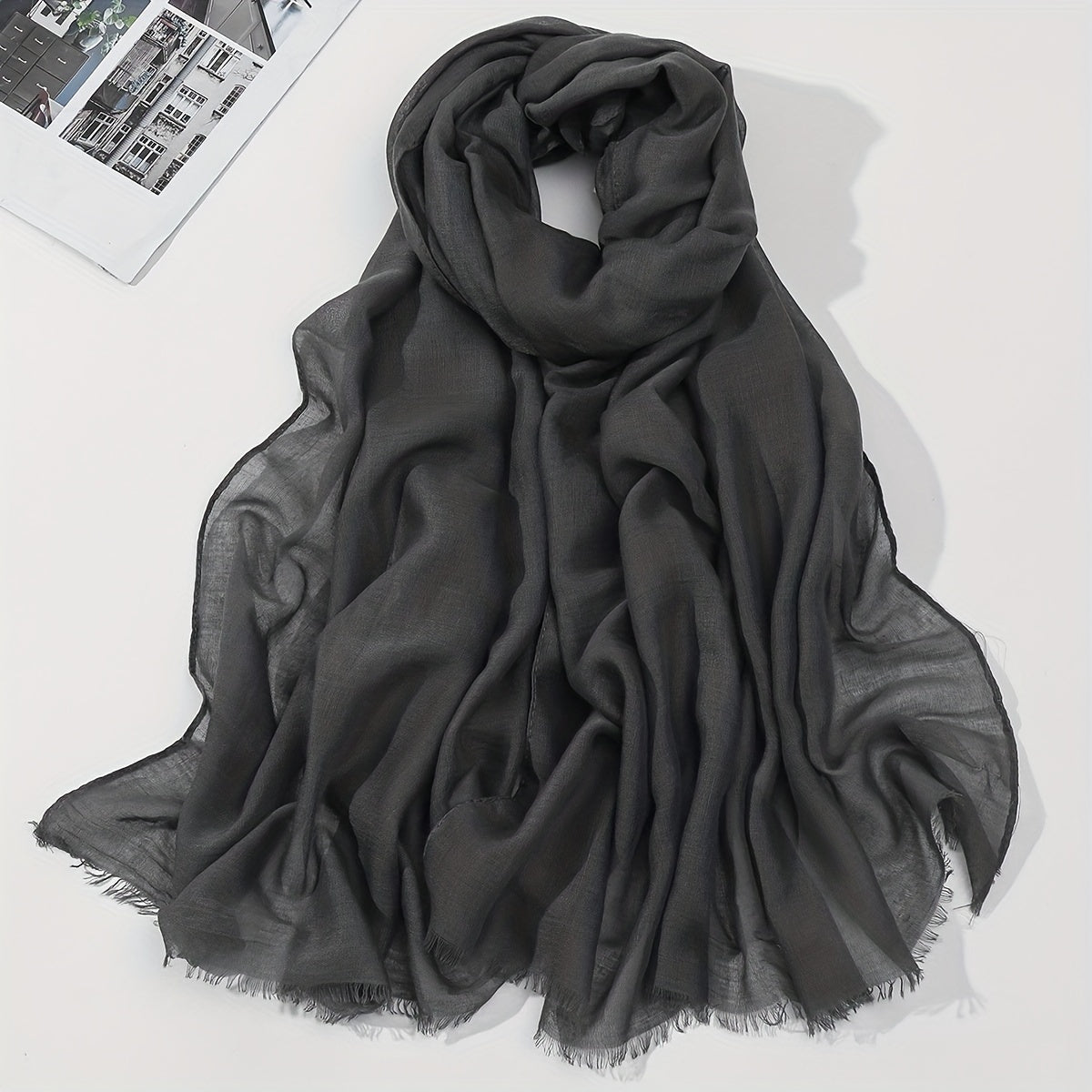 Minimalist Solid Raw Trim Scarf Casual Style Polyester Scarf Shawl