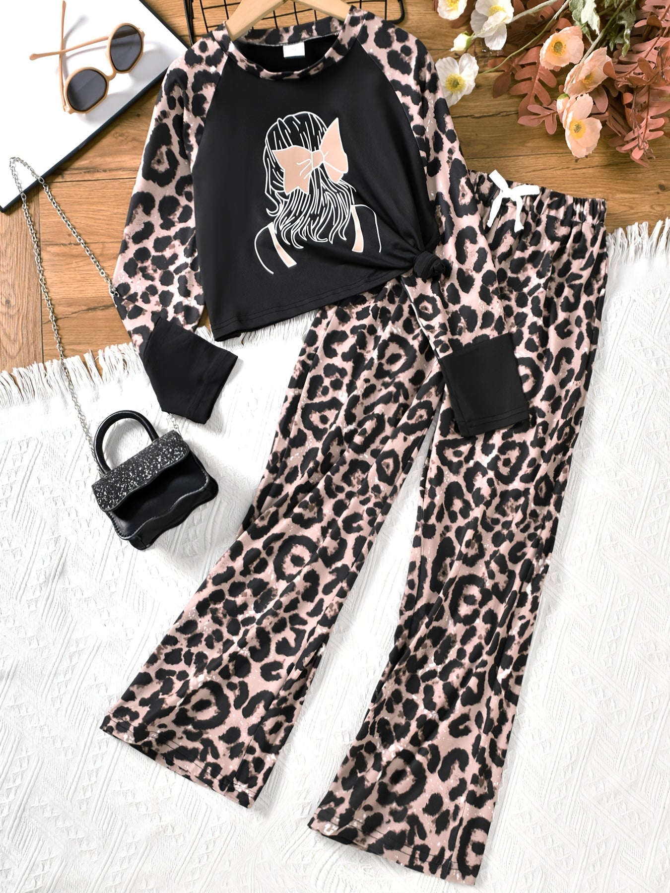 Leopard Pattern Raglan Top & Flared Pants Set for Girls
