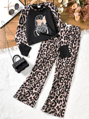 Leopard Pattern Raglan Top & Flared Pants Set for Girls
