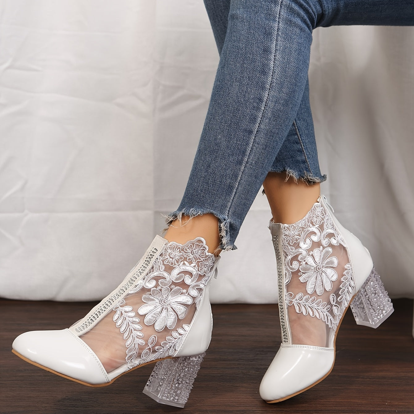 Floral Print Lace Ankle Boots High Heel Shoes