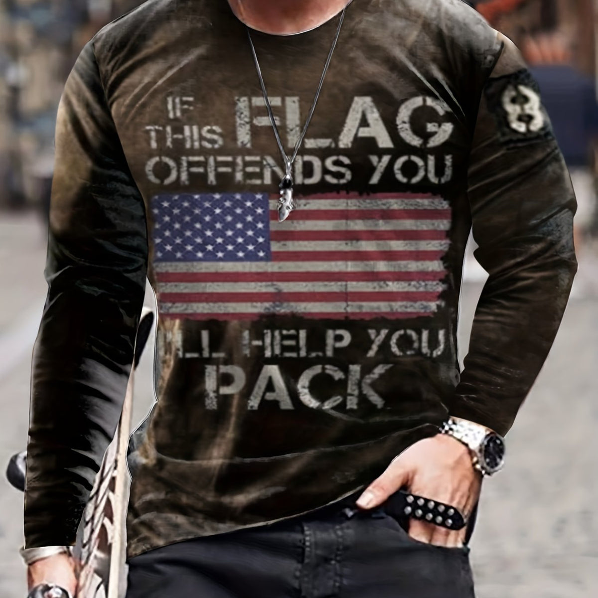 Men's Long Sleeve Vintage Flag Print T-shirt for Autumn