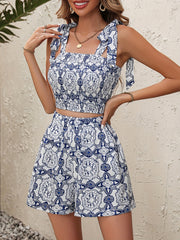 Ethnic Floral Print 2pc Set Knotted Sleeveless Top & Wide Leg Shorts