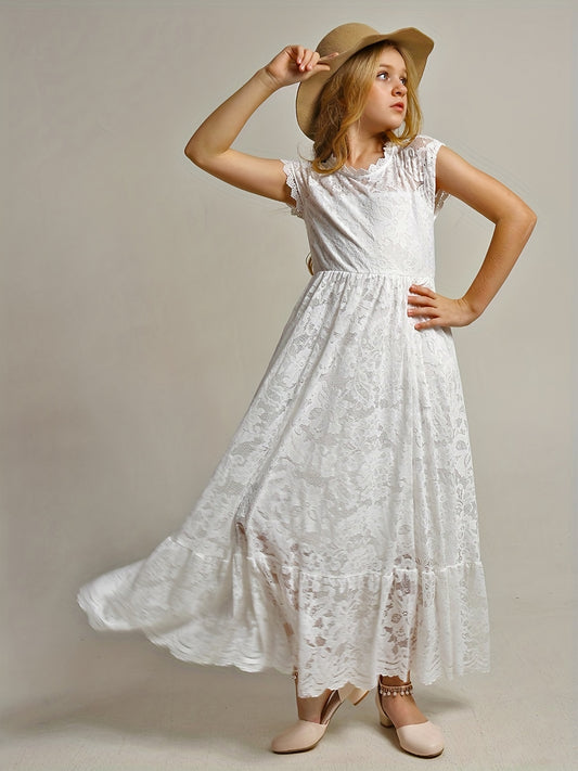 Floral Lace Backless Maxi Dress for Girls