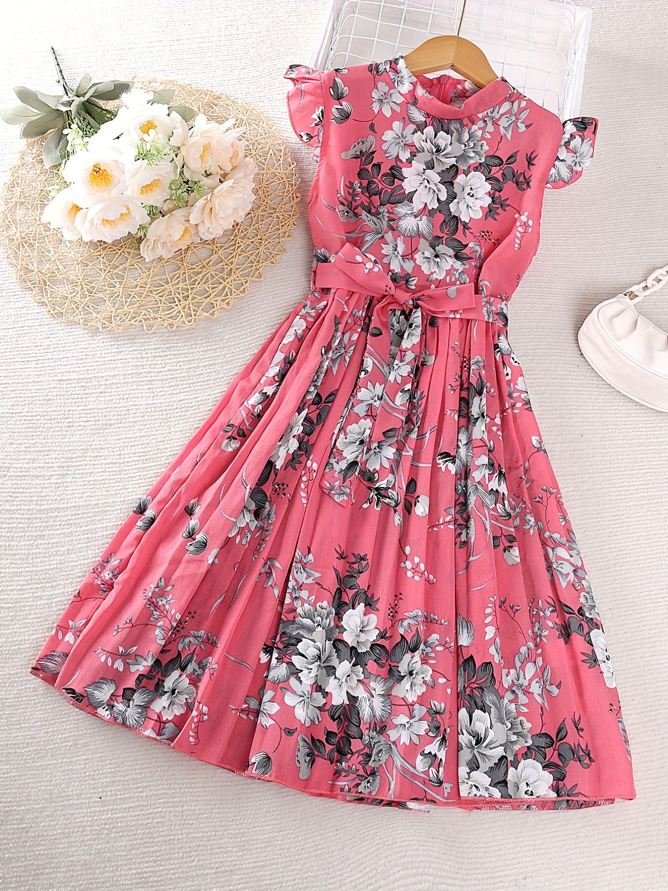 Girls Floral Graphic Pleated Dress For Party Beach Vacation