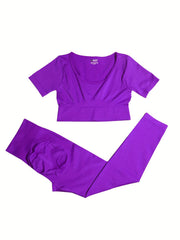 2pcs Women's Activewear Set Crew Neck Shirt & High Waist Leggings for Workouts