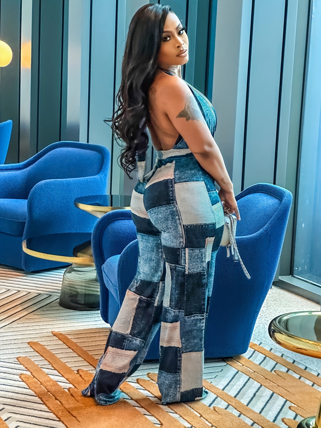  Colorblock Denim Wide Leg Jumpsuit