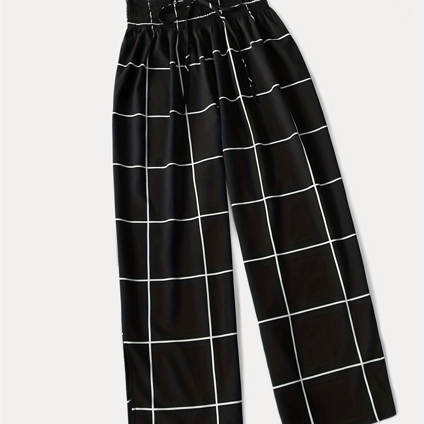  Grid Print Drawstring Wide Leg Trousers