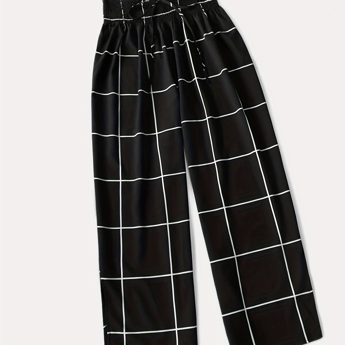  Grid Print Drawstring Wide Leg Trousers