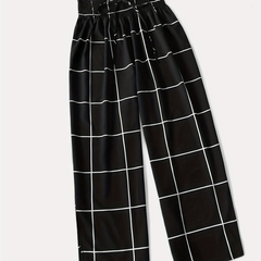  Grid Print Drawstring Wide Leg Trousers