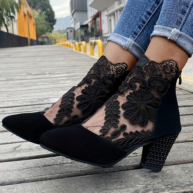 Floral Lace Ankle Boots Pointed Toe Hollow Out Back Zipper Chunky Heels