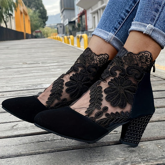 Floral Lace Ankle Boots Pointed Toe Hollow Out Back Zipper Chunky Heels