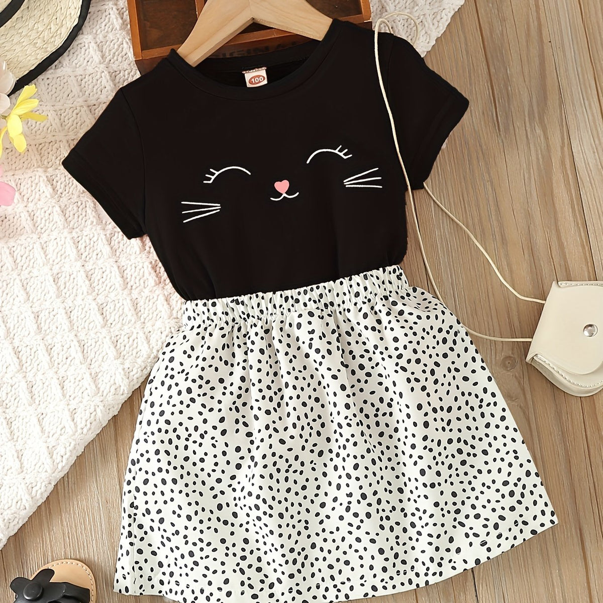 Toddler Girl's Kitty Print Tee & Dots Skirt Set