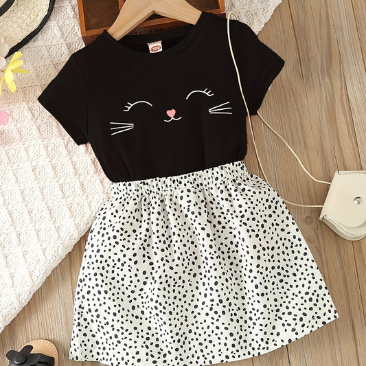Toddler Girl's Kitty Print Tee & Dots Skirt Set